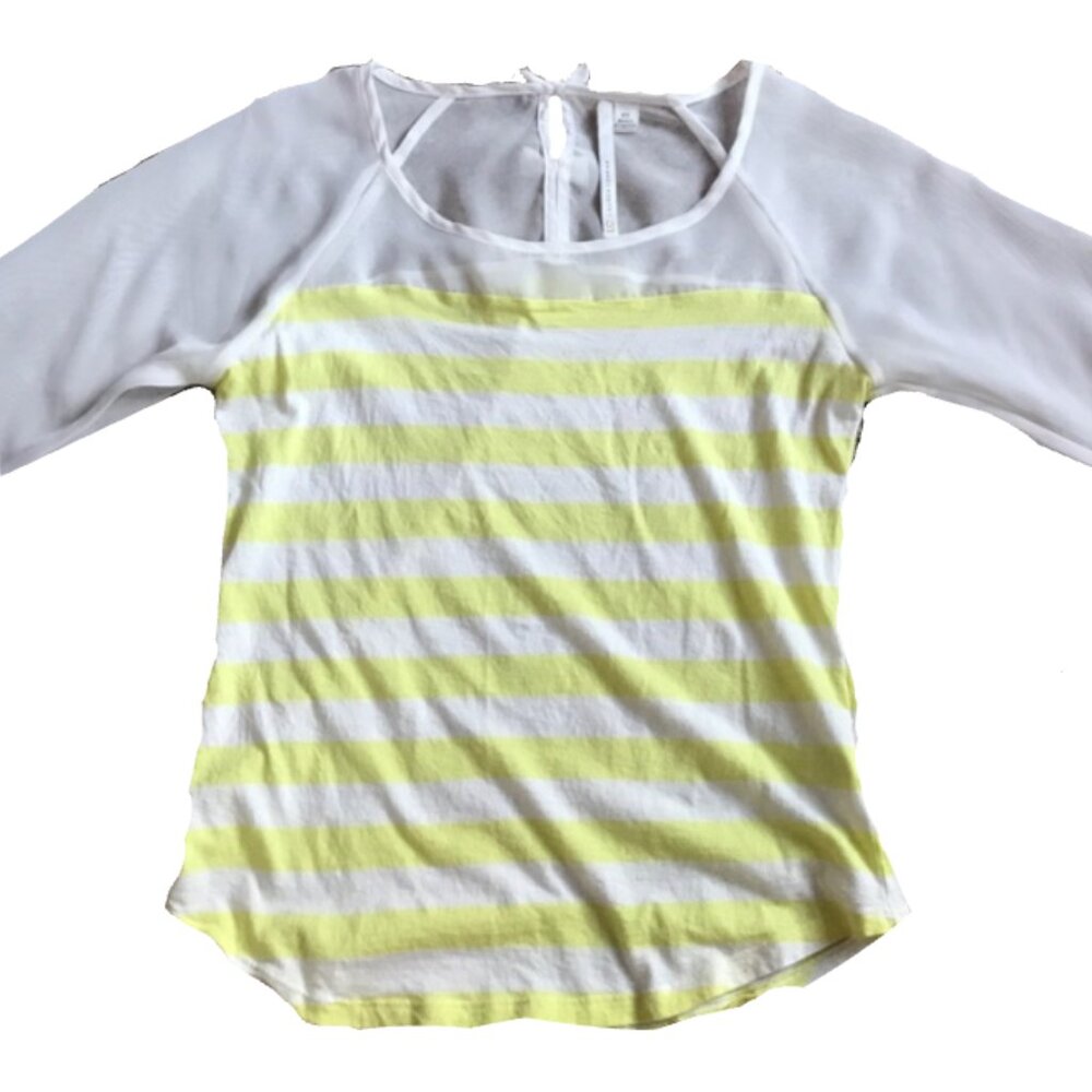 LC Lauren Conrad Women's Striped Bow Tee 3/4 Sleeves Yellow & White Shirt
